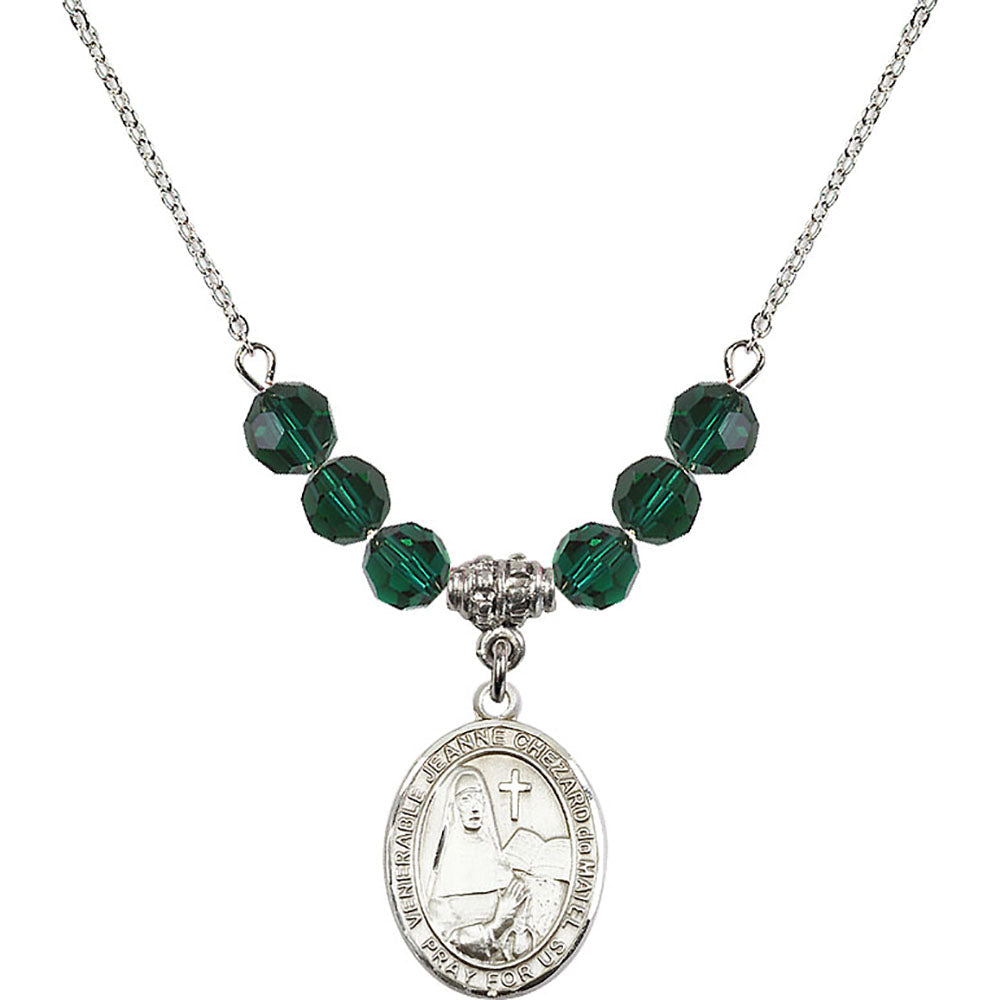 Sterling Silver Saint Jeanne Chezard de Matel Birthstone Necklace with Emerald Beads - 8401