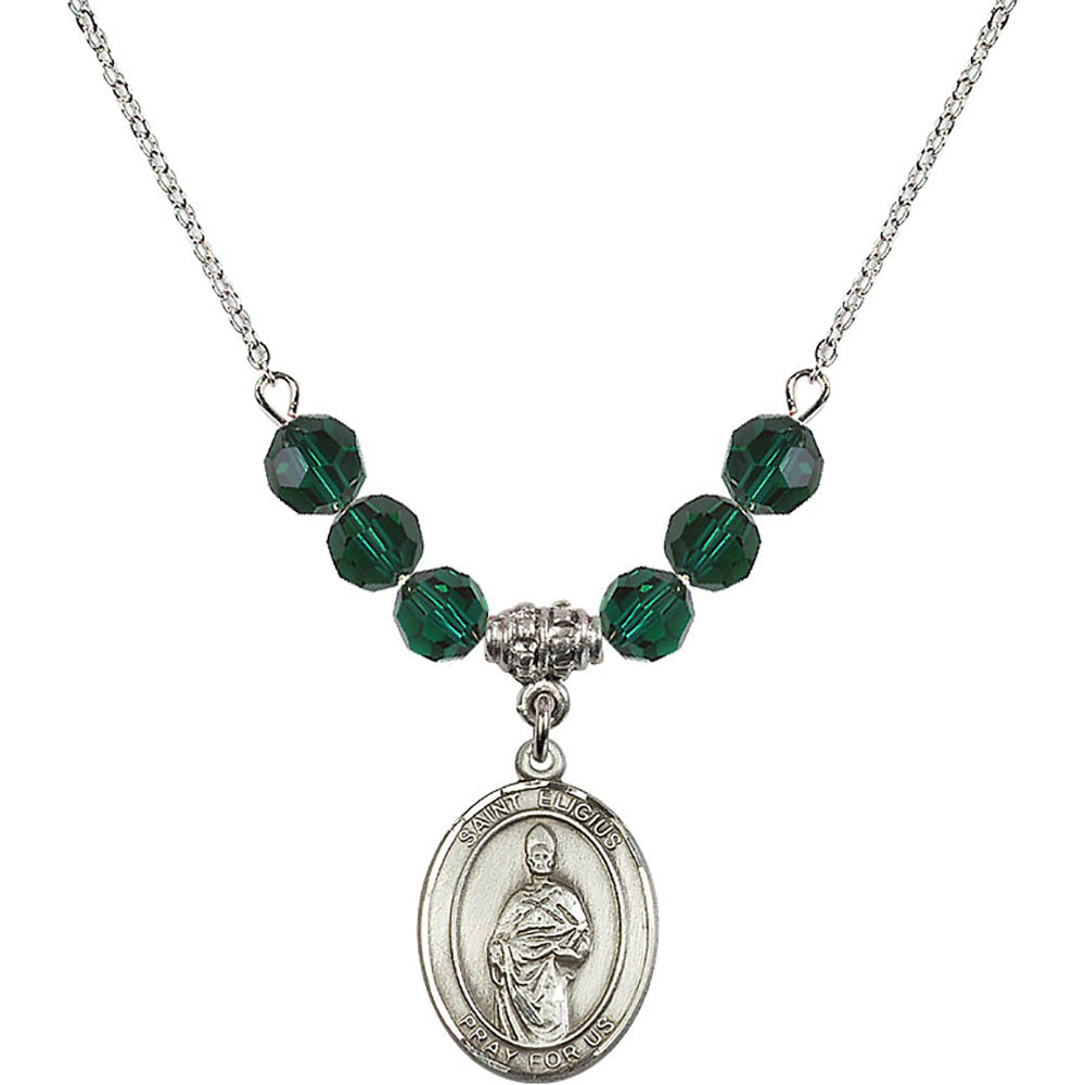 Sterling Silver Saint Eligius Birthstone Necklace with Emerald Beads - 8402