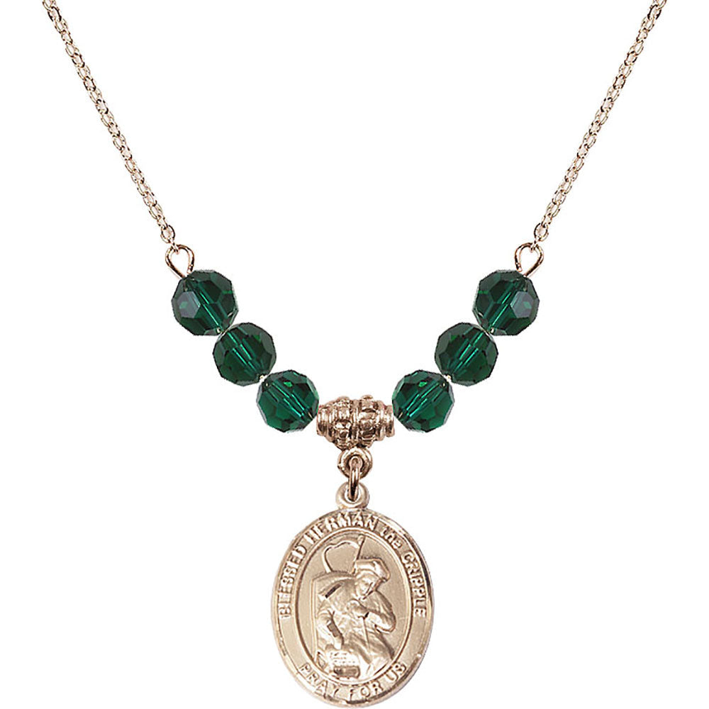 14kt Gold Filled Blessed Herman the Cripple Birthstone Necklace with Emerald Beads - 8403