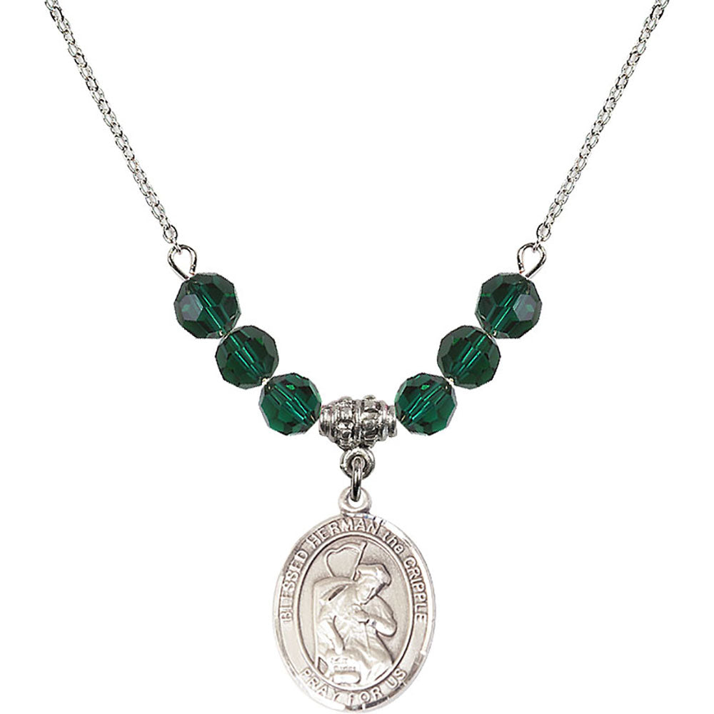 Sterling Silver Blessed Herman the Cripple Birthstone Necklace with Emerald Beads - 8403