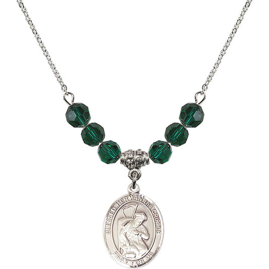 Sterling Silver Blessed Herman the Cripple Birthstone Necklace with Emerald Beads - 8403