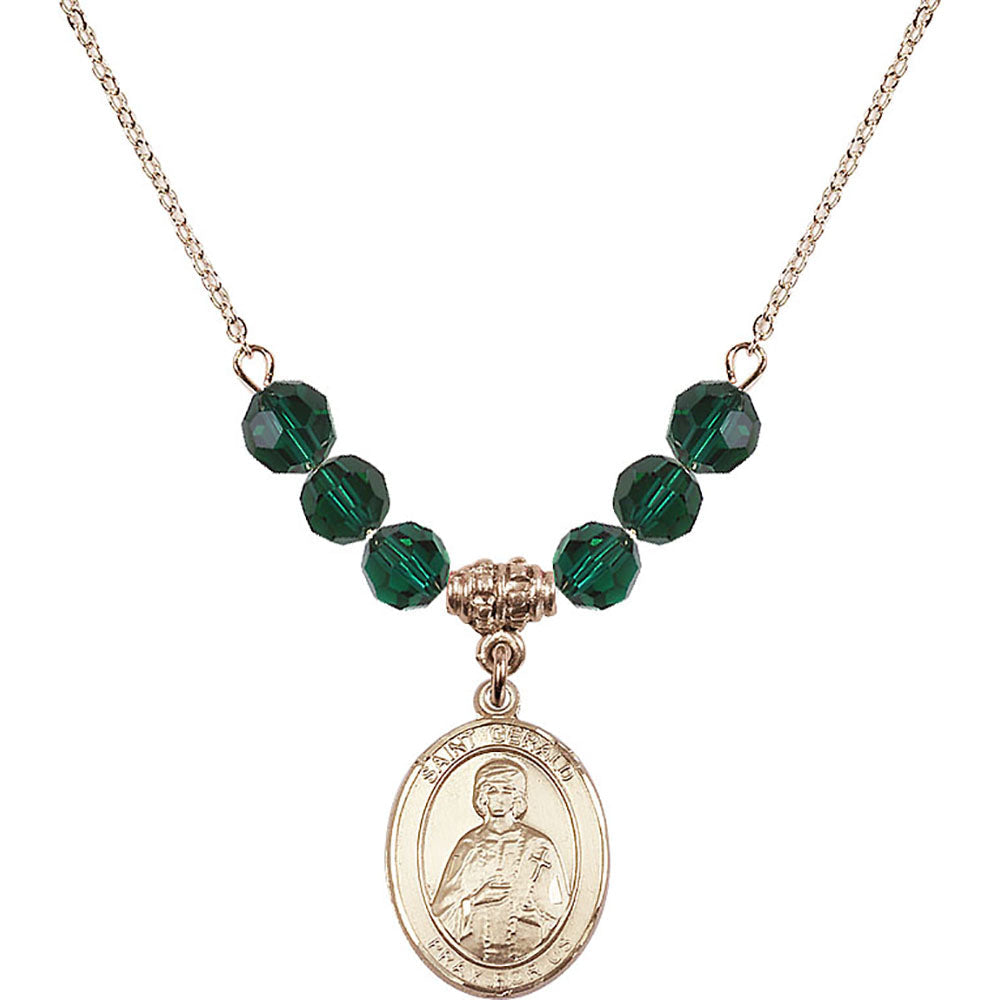 14kt Gold Filled Saint Gerald Birthstone Necklace with Emerald Beads - 8404