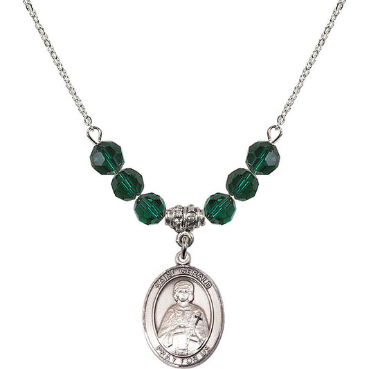 Sterling Silver Saint Gerald Birthstone Necklace with Emerald Beads - 8404