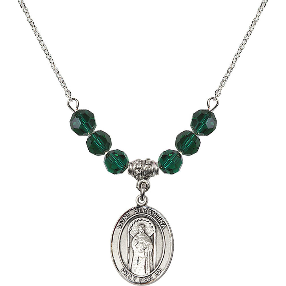 Sterling Silver Saint Seraphina Birthstone Necklace with Emerald Beads - 8405