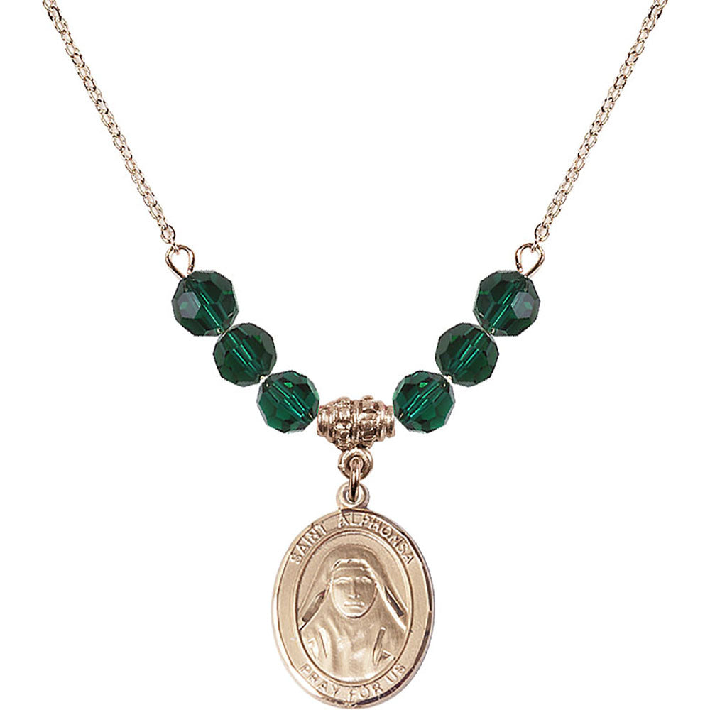14kt Gold Filled Saint Alphonsa of India Birthstone Necklace with Emerald Beads - 8406