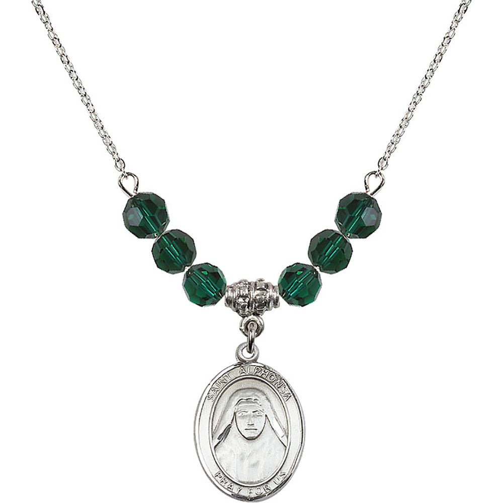 Sterling Silver Saint Alphonsa of India Birthstone Necklace with Emerald Beads - 8406