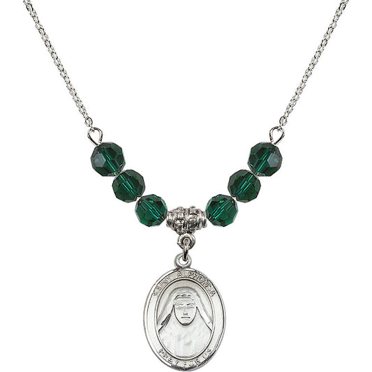 Sterling Silver Saint Alphonsa of India Birthstone Necklace with Emerald Beads - 8406
