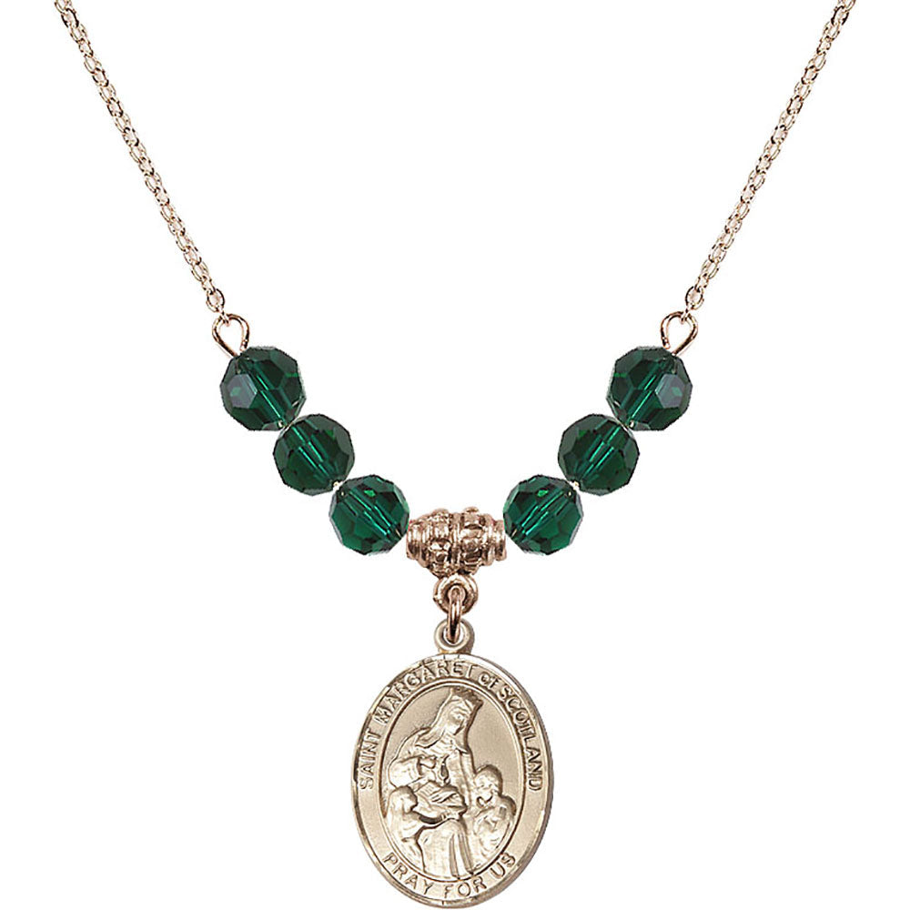 14kt Gold Filled Saint Margaret of Scotland Birthstone Necklace with Emerald Beads - 8407