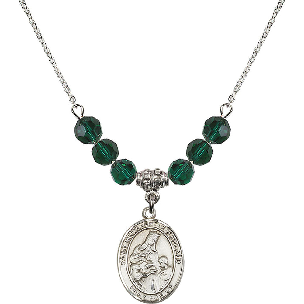Sterling Silver Saint Margaret of Scotland Birthstone Necklace with Emerald Beads - 8407