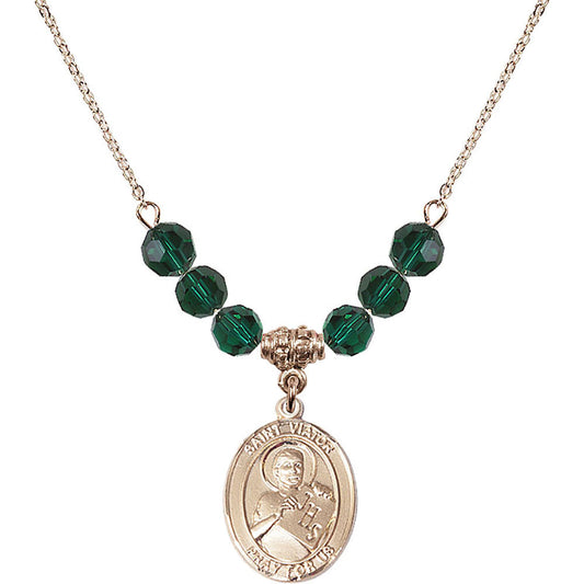 14kt Gold Filled Saint Viator of Bergamo Birthstone Necklace with Emerald Beads - 8408