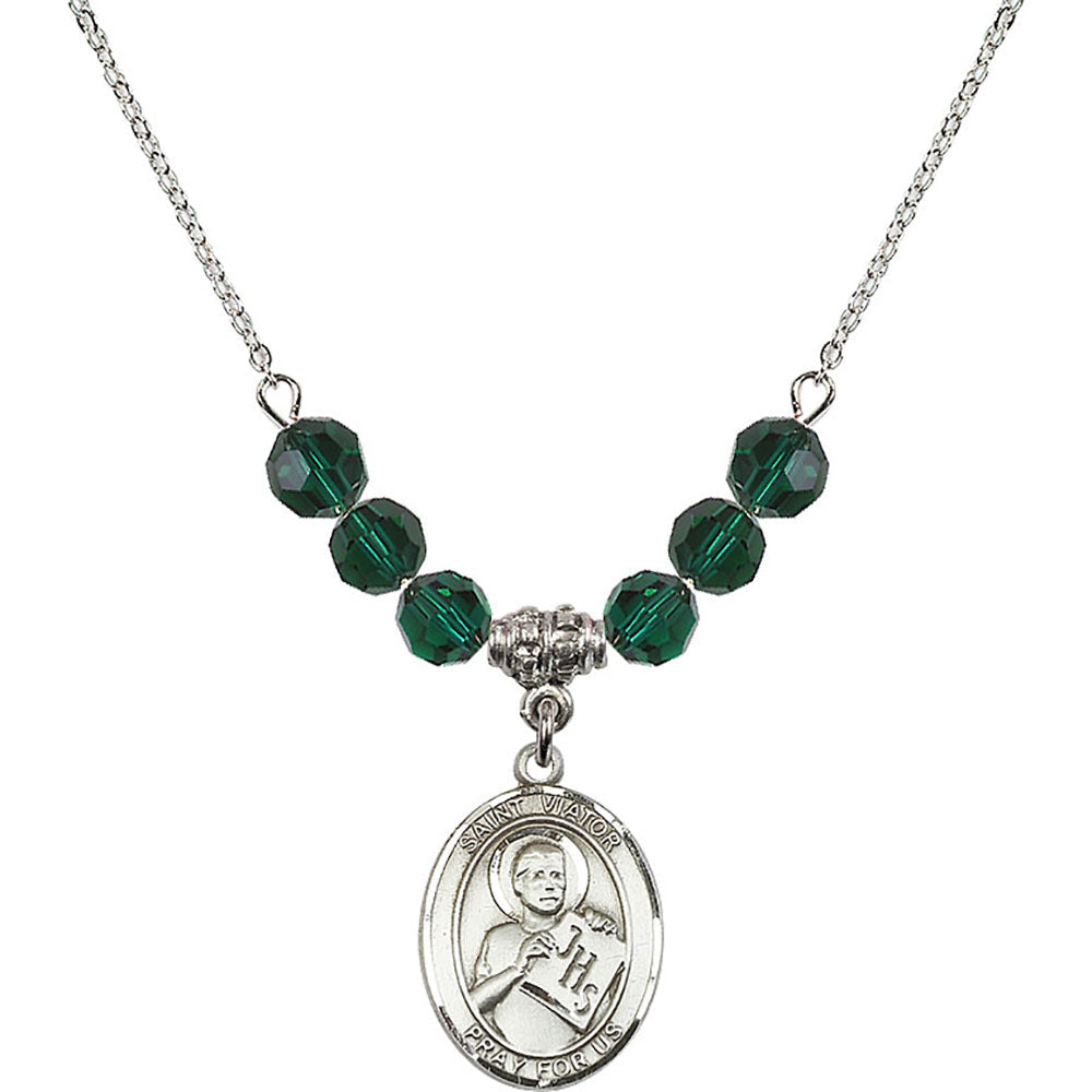 Sterling Silver Saint Viator of Bergamo Birthstone Necklace with Emerald Beads - 8408