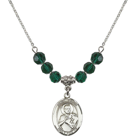 Sterling Silver Saint Viator of Bergamo Birthstone Necklace with Emerald Beads - 8408