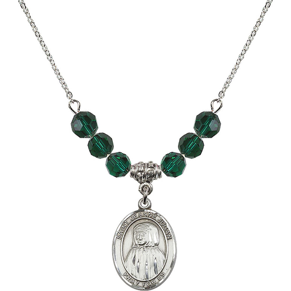 Sterling Silver Saint Jeanne Jugan Birthstone Necklace with Emerald Beads - 8409