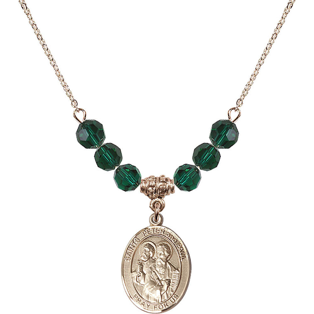 14kt Gold Filled Saints Peter & Paul Birthstone Necklace with Emerald Beads - 8410