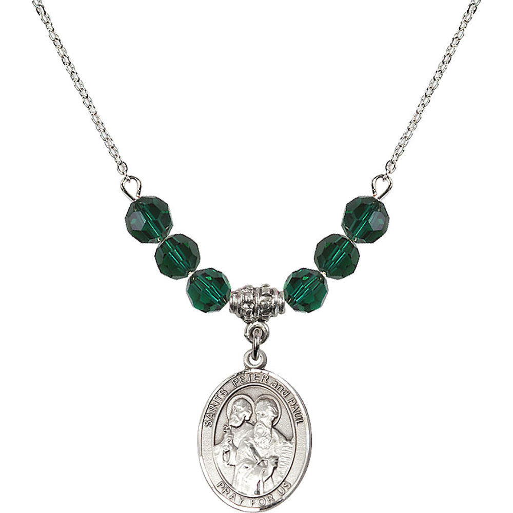 Sterling Silver Saints Peter & Paul Birthstone Necklace with Emerald Beads - 8410