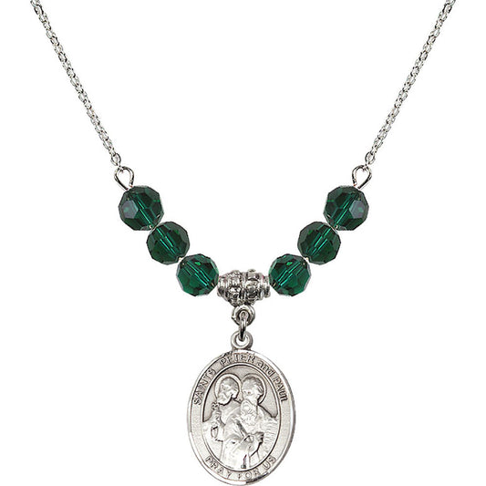 Sterling Silver Saints Peter & Paul Birthstone Necklace with Emerald Beads - 8410