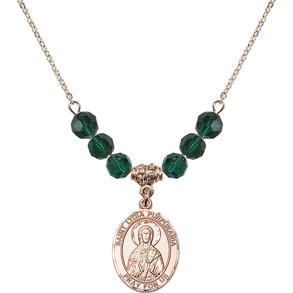14kt Gold Filled Saint Lydia Purpuraria Birthstone Necklace with Emerald Beads - 8411