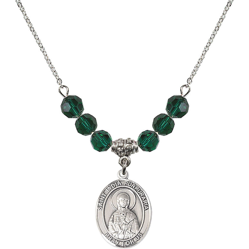 Sterling Silver Saint Lydia Purpuraria Birthstone Necklace with Emerald Beads - 8411