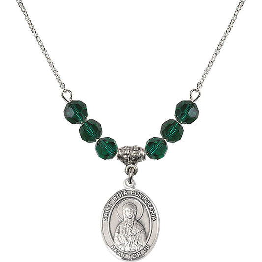 Sterling Silver Saint Lydia Purpuraria Birthstone Necklace with Emerald Beads - 8411