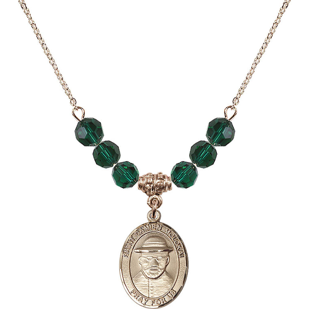 14kt Gold Filled Saint Damien of Molokai Birthstone Necklace with Emerald Beads - 8412