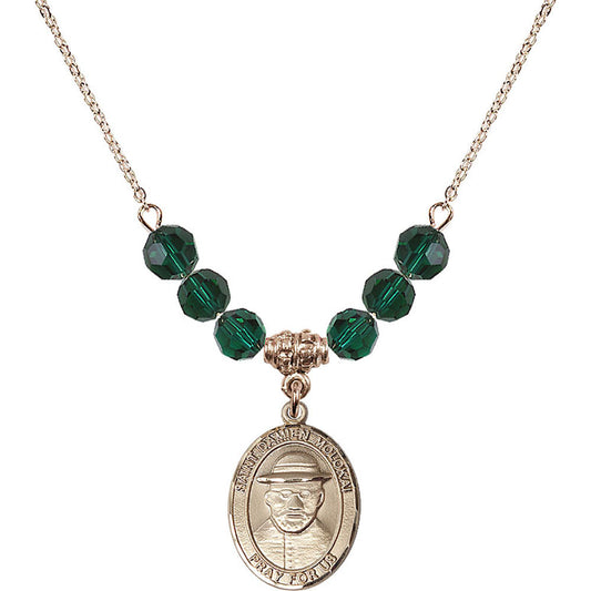 14kt Gold Filled Saint Damien of Molokai Birthstone Necklace with Emerald Beads - 8412