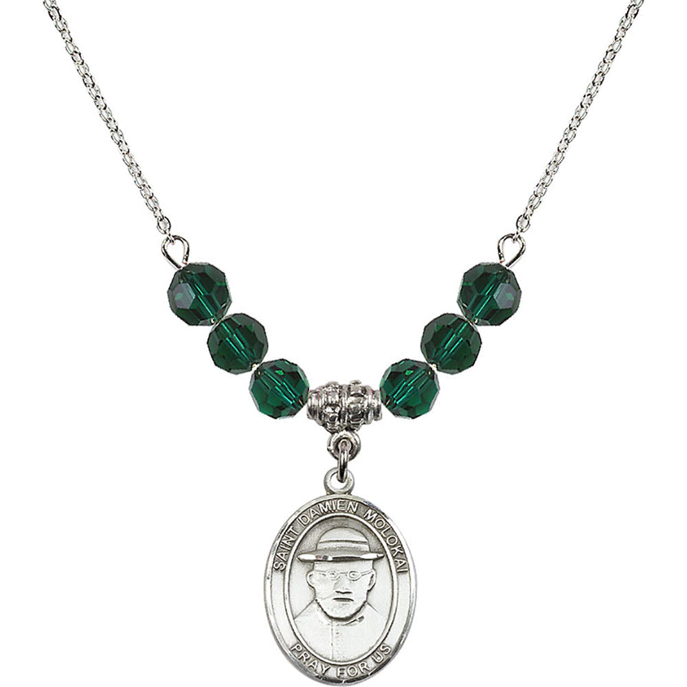 Sterling Silver Saint Damien of Molokai Birthstone Necklace with Emerald Beads - 8412