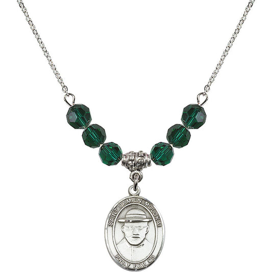 Sterling Silver Saint Damien of Molokai Birthstone Necklace with Emerald Beads - 8412