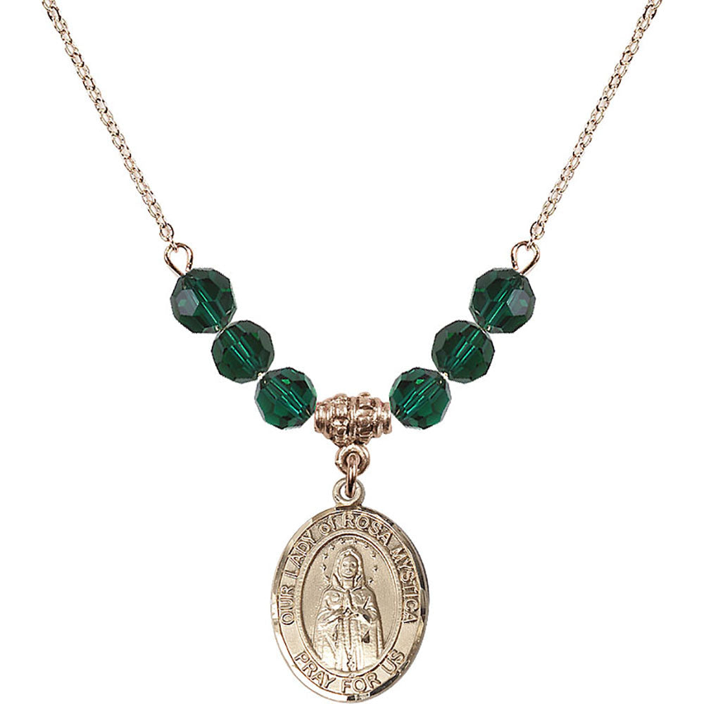 14kt Gold Filled Our Lady of Rosa Mystica Birthstone Necklace with Emerald Beads - 8413
