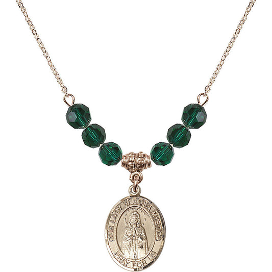14kt Gold Filled Our Lady of Rosa Mystica Birthstone Necklace with Emerald Beads - 8413