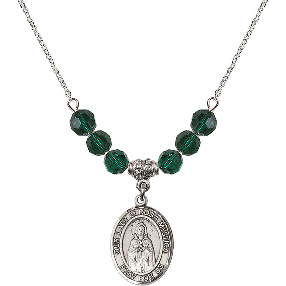 Sterling Silver Our Lady of Rosa Mystica Birthstone Necklace with Emerald Beads - 8413