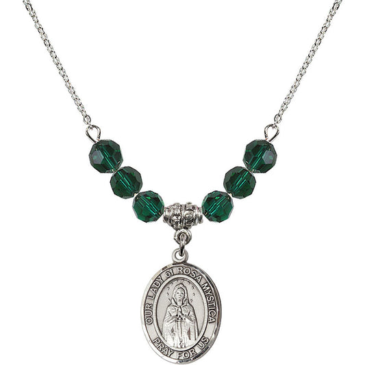Sterling Silver Our Lady of Rosa Mystica Birthstone Necklace with Emerald Beads - 8413