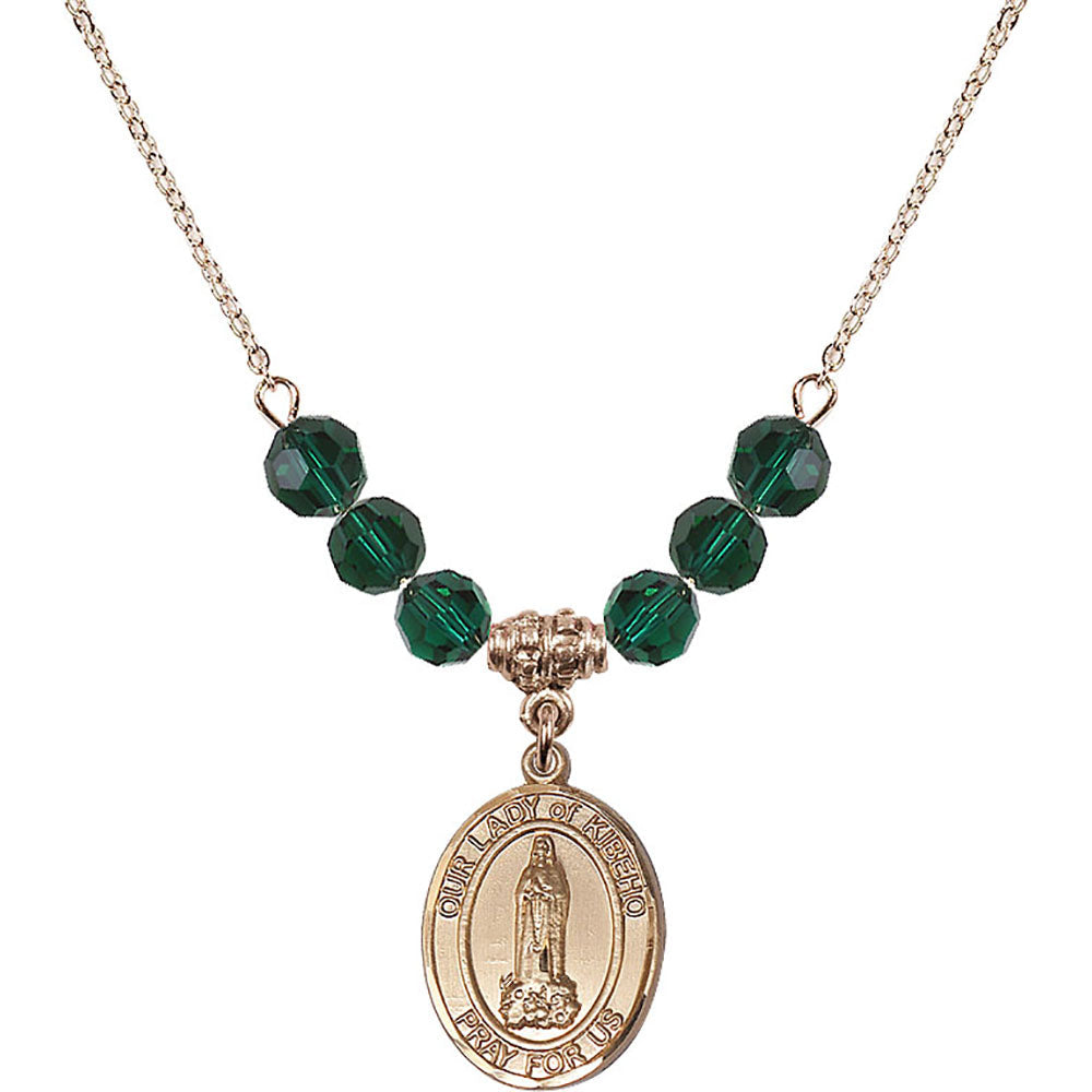 14kt Gold Filled Our Lady of Kibeho Birthstone Necklace with Emerald Beads - 8414