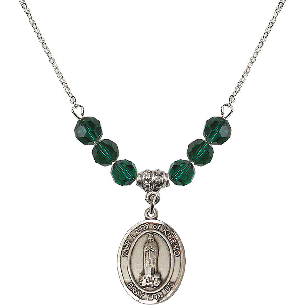 Sterling Silver Our Lady of Kibeho Birthstone Necklace with Emerald Beads - 8414