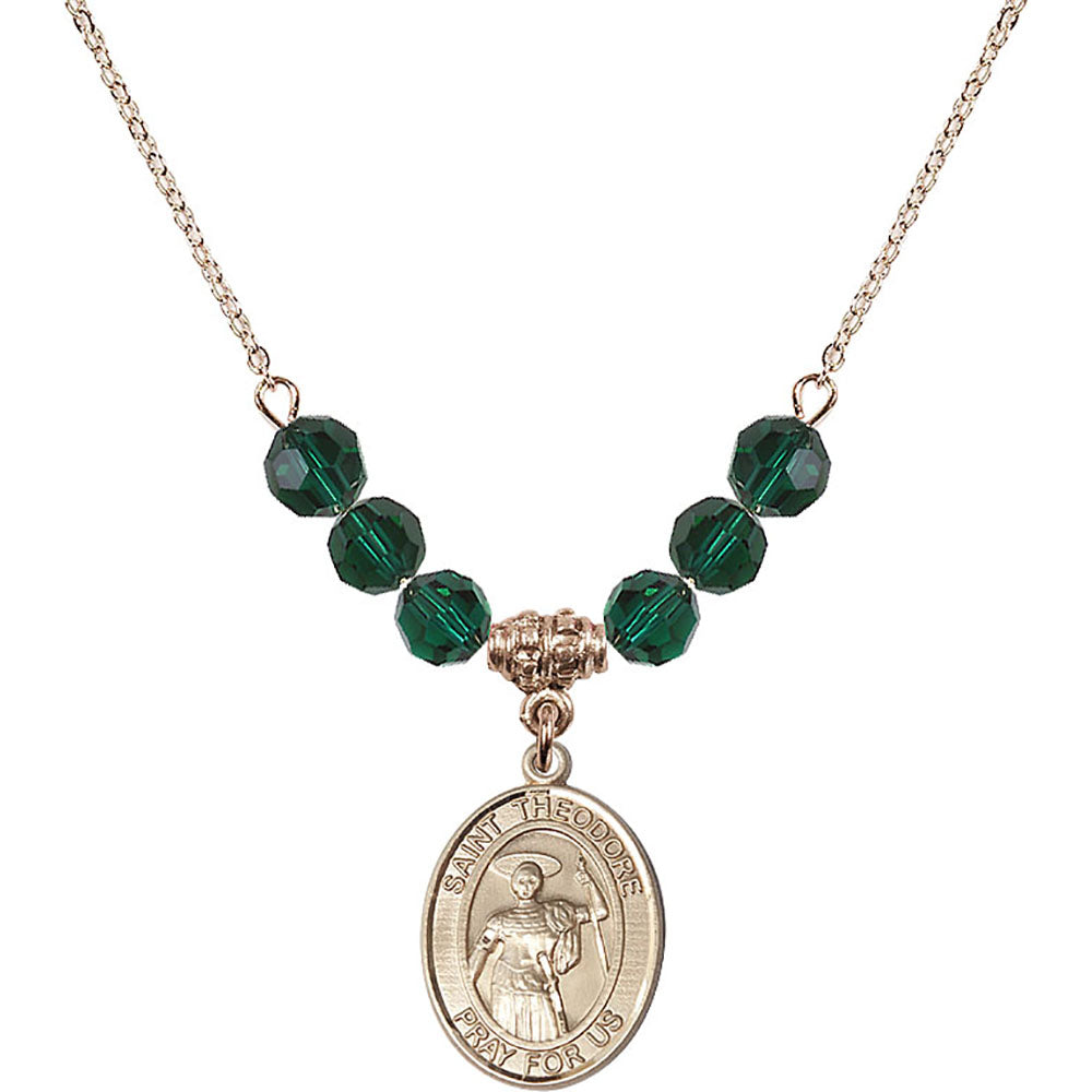 14kt Gold Filled Saint Theodore Stratelates Birthstone Necklace with Emerald Beads - 8415