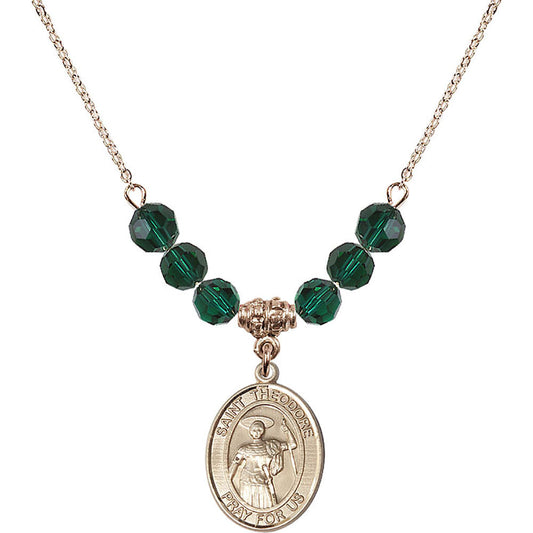 14kt Gold Filled Saint Theodore Stratelates Birthstone Necklace with Emerald Beads - 8415