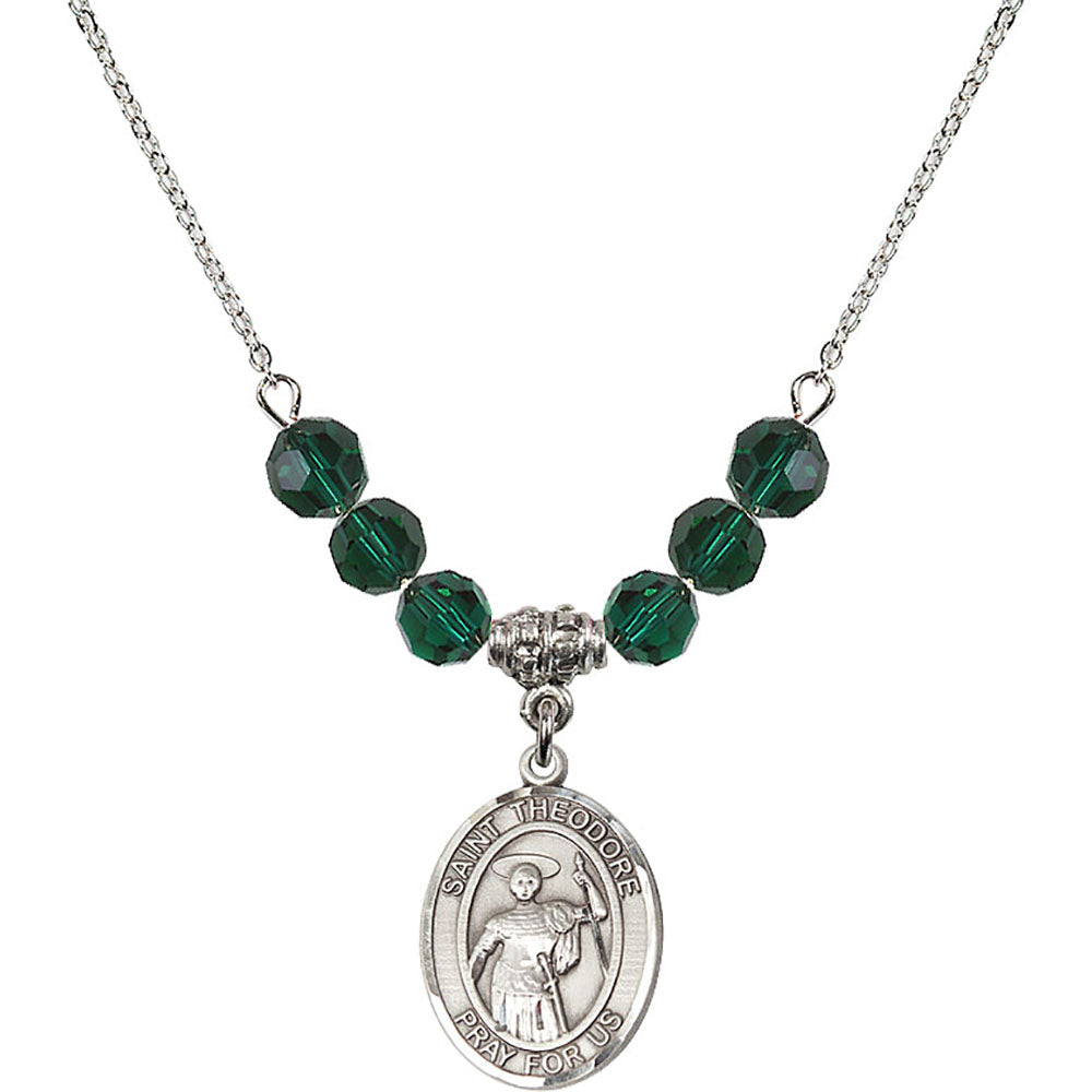 Sterling Silver Saint Theodore Stratelates Birthstone Necklace with Emerald Beads - 8415