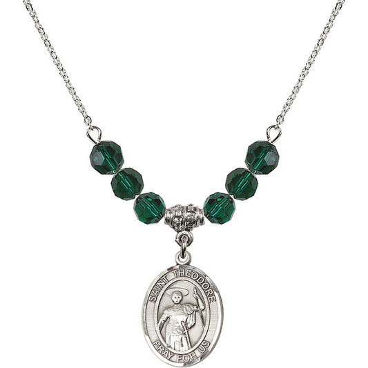 Sterling Silver Saint Theodore Stratelates Birthstone Necklace with Emerald Beads - 8415
