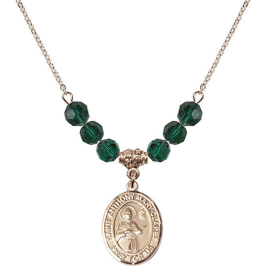 14kt Gold Filled Saint Anthony Mary Claret Birthstone Necklace with Emerald Beads - 8416