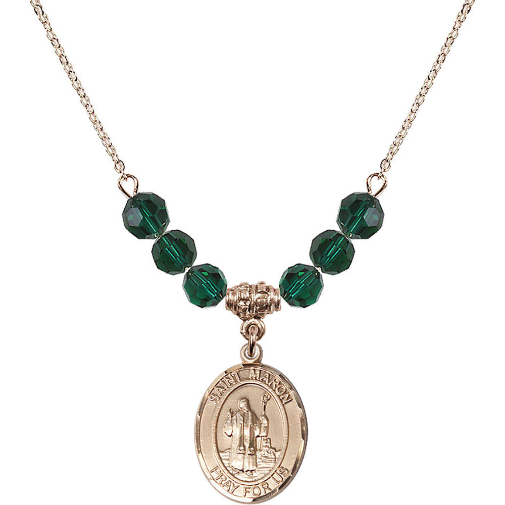 14kt Gold Filled Saint Maron Birthstone Necklace with Emerald Beads - 8417