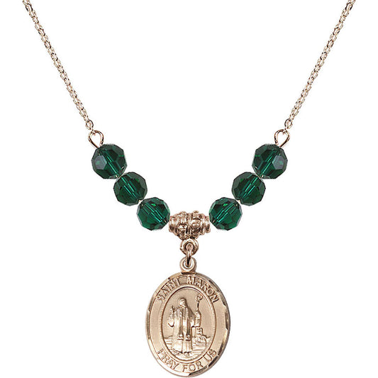 14kt Gold Filled Saint Maron Birthstone Necklace with Emerald Beads - 8417