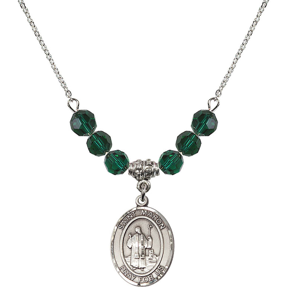 Sterling Silver Saint Maron Birthstone Necklace with Emerald Beads - 8417