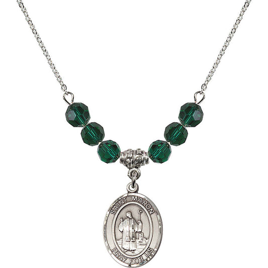 Sterling Silver Saint Maron Birthstone Necklace with Emerald Beads - 8417