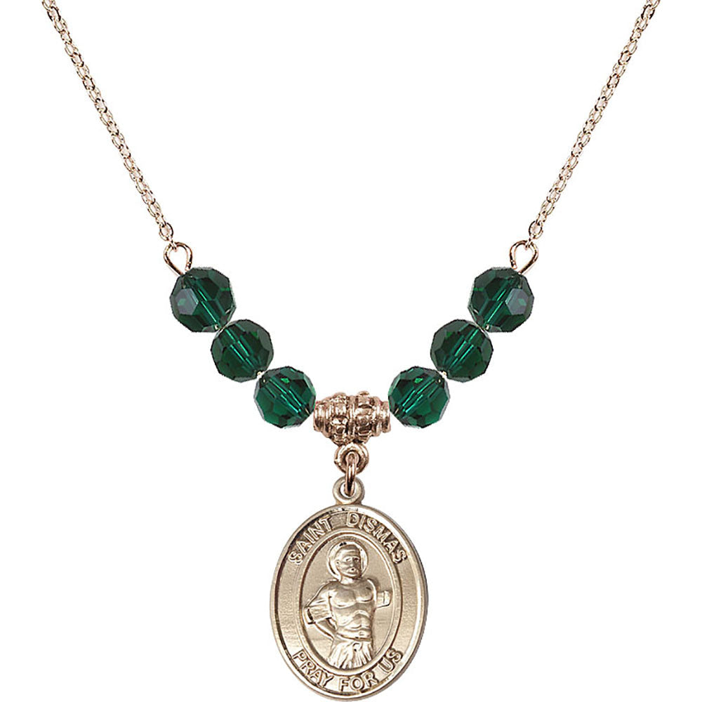 14kt Gold Filled Saint Dismas Birthstone Necklace with Emerald Beads - 8418