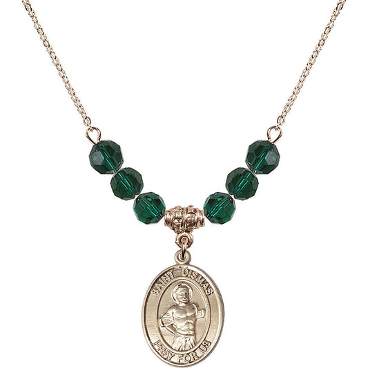 14kt Gold Filled Saint Dismas Birthstone Necklace with Emerald Beads - 8418