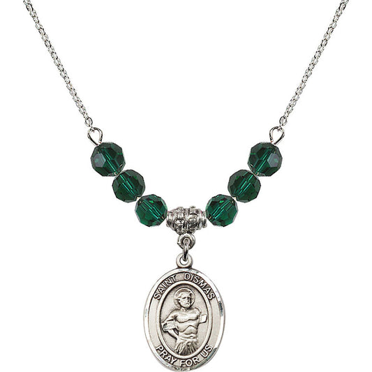 Sterling Silver Saint Dismas Birthstone Necklace with Emerald Beads - 8418