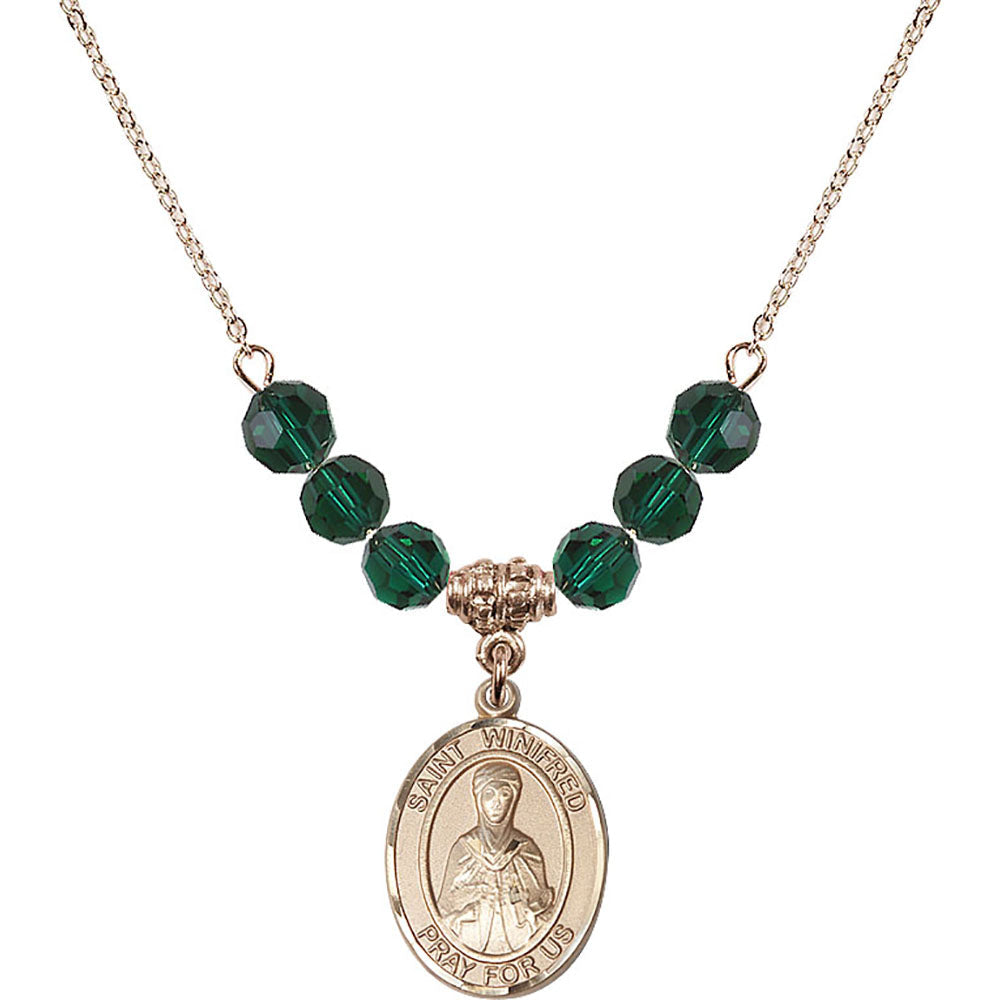 14kt Gold Filled Saint Winifred of Wales Birthstone Necklace with Emerald Beads - 8419
