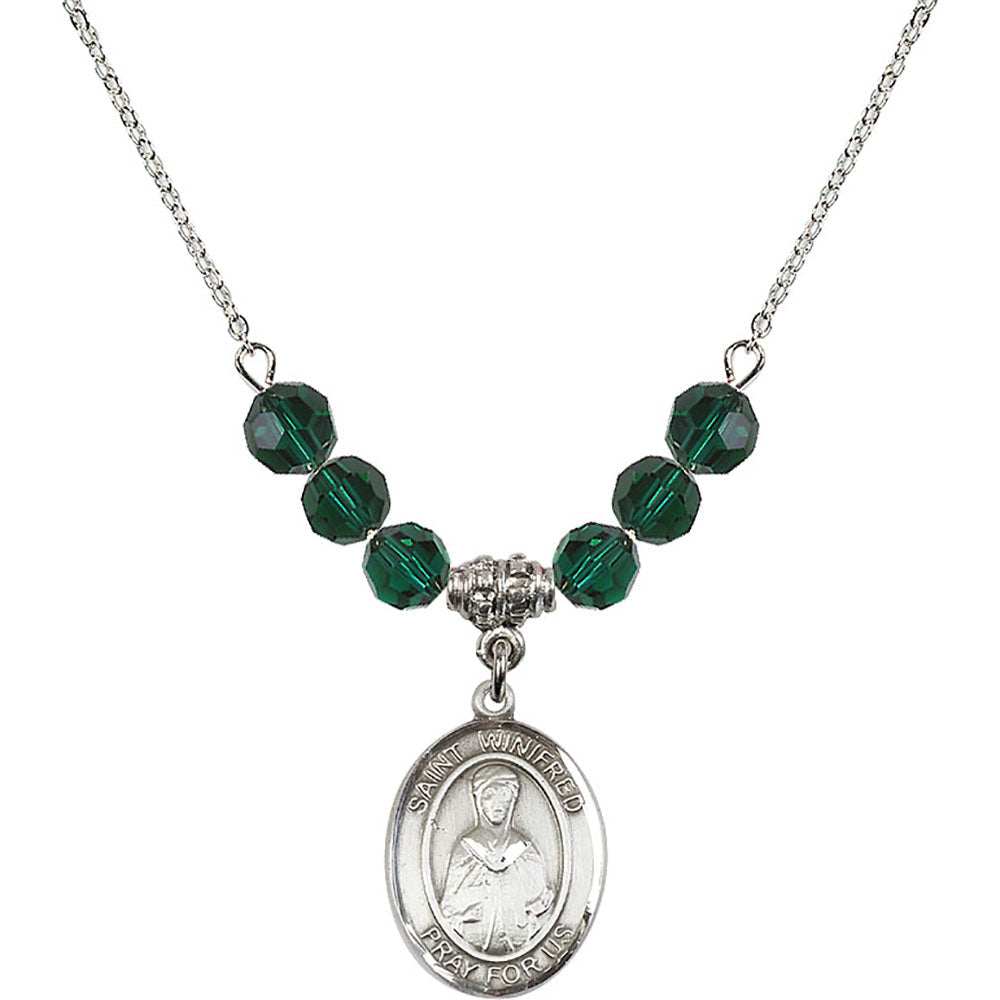 Sterling Silver Saint Winifred of Wales Birthstone Necklace with Emerald Beads - 8419
