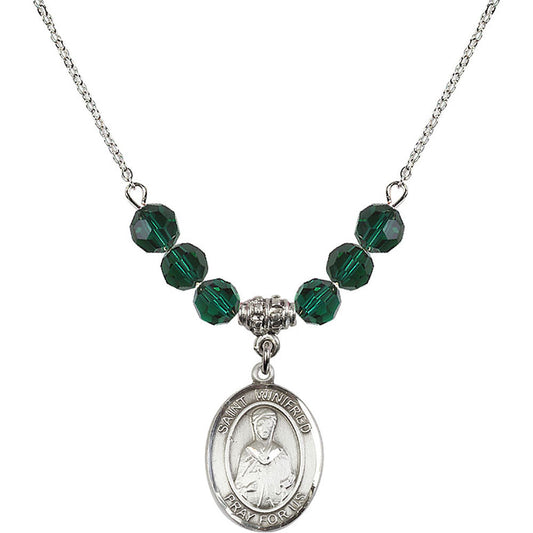Sterling Silver Saint Winifred of Wales Birthstone Necklace with Emerald Beads - 8419
