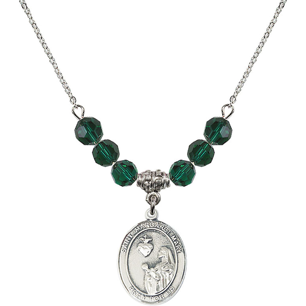 Sterling Silver Saint Margaret Mary Alacoque Birthstone Necklace with Emerald Beads - 8420