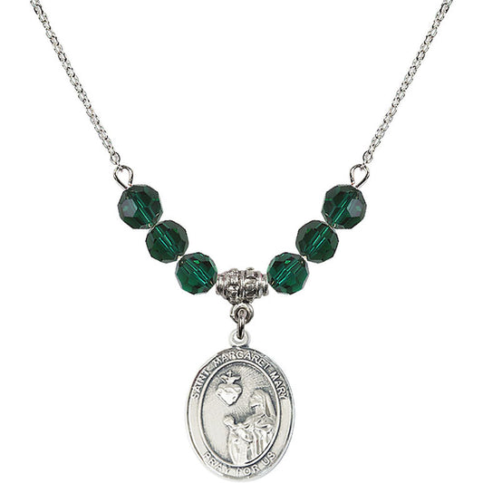 Sterling Silver Saint Margaret Mary Alacoque Birthstone Necklace with Emerald Beads - 8420